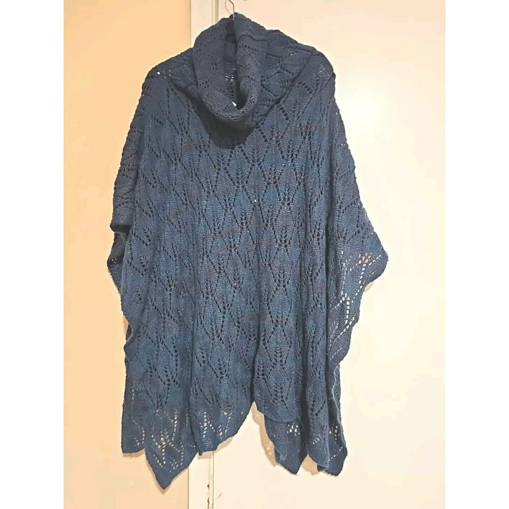 Wool Blend Knitted Poncho Women One Size Blue Green Warm, Outdoor, Boho, Hippie